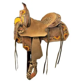 12"  DOUBLE T YOUTH HARD SEAT BARREL STYLE SADDLE WITH CHEETAH SEAT AND SUNFLOWER PAINTED ACCENTS