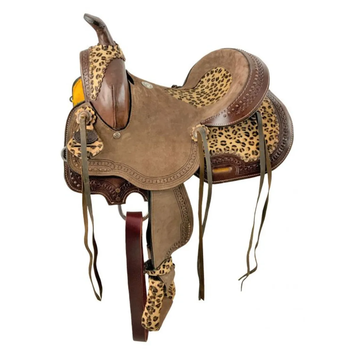 13" DOUBLE T HARD SEAT BARREL STYLE SADDLE WITH CHEETAH SEAT