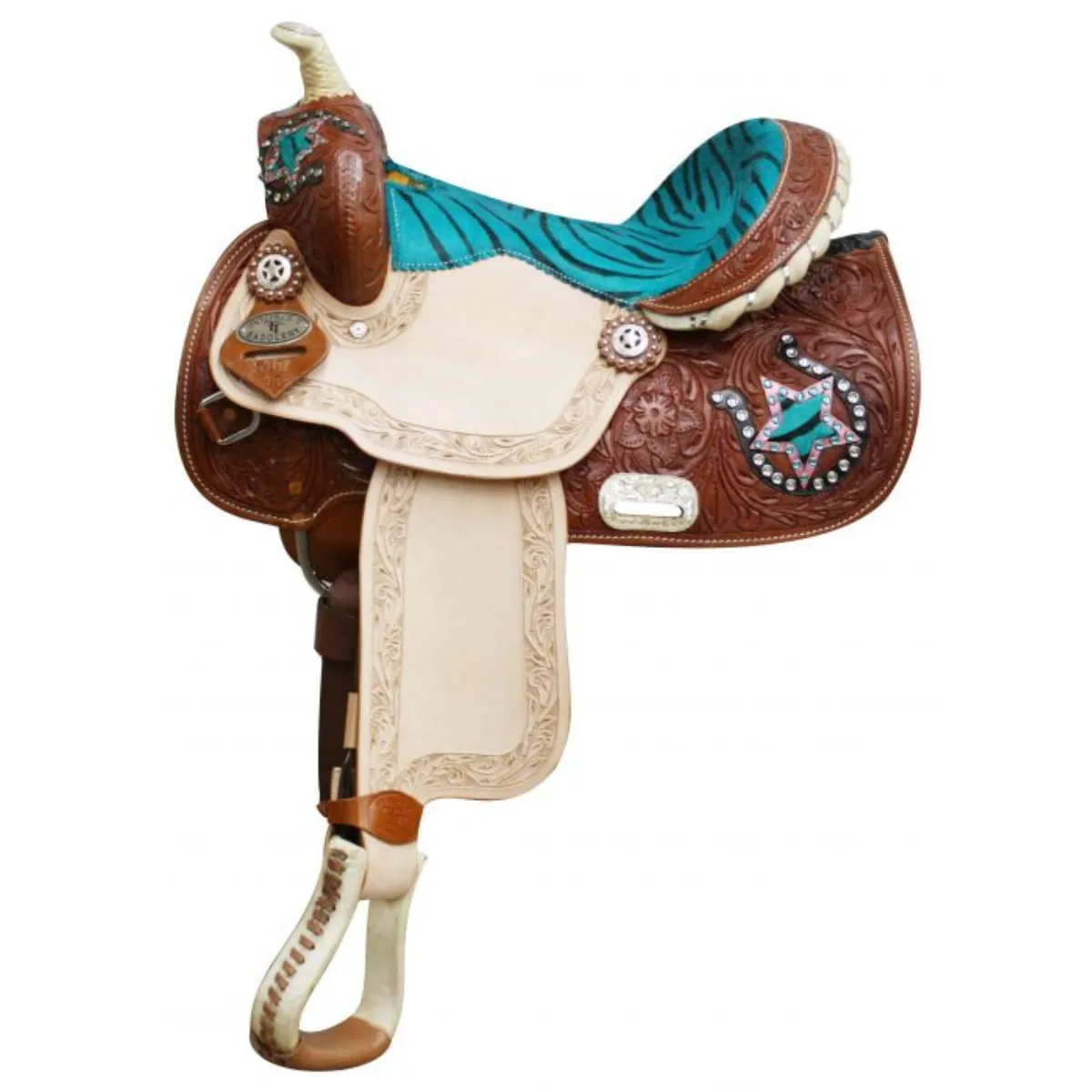 13" DOUBLE T YOUTH/ PONY SADDLE WITH HAIR ON ZEBRA PRINT SEAT AND HORSE SHOE AND STAR ACCE