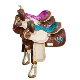 13" DOUBLE T YOUTH/ PONY SADDLE WITH HAIR ON ZEBRA PRINT SEAT AND HORSE SHOE AND STAR ACCE