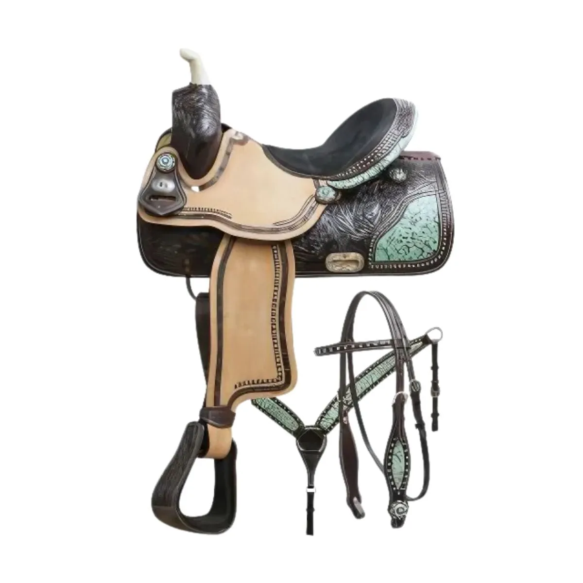 15", 16" DOUBLE T BARREL SADDLE SET WITH TEAL FILIGREE INLAY