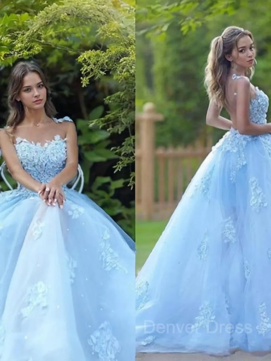 A-Line Bateau Sweep Train Tulle Prom Dresses With Appliques Lace