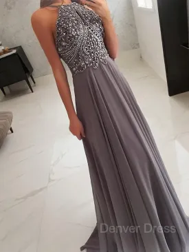 A-Line Halter Floor-Length Chiffon Prom Dresses With Beading