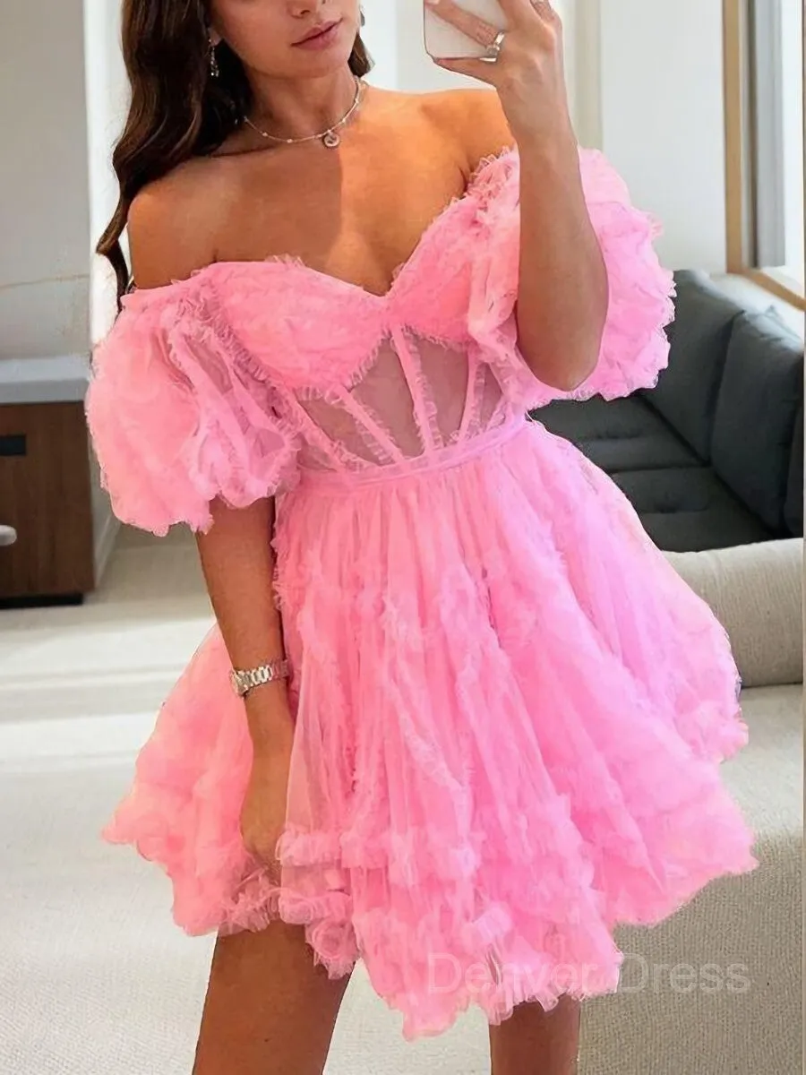 A-Line Off-the-Shoulder Corset Short Tulle Homecoming Dresses With Ruffles