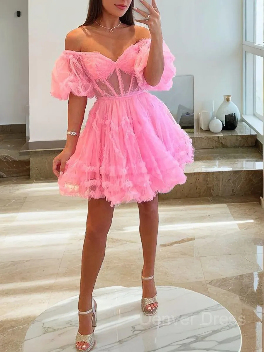 A-Line Off-the-Shoulder Corset Short Tulle Homecoming Dresses With Ruffles