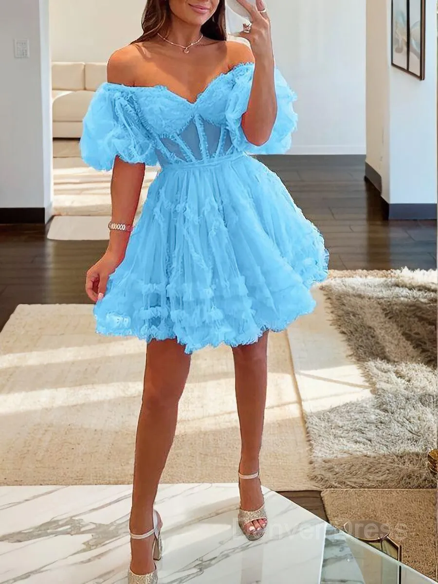 A-Line Off-the-Shoulder Corset Short Tulle Homecoming Dresses With Ruffles