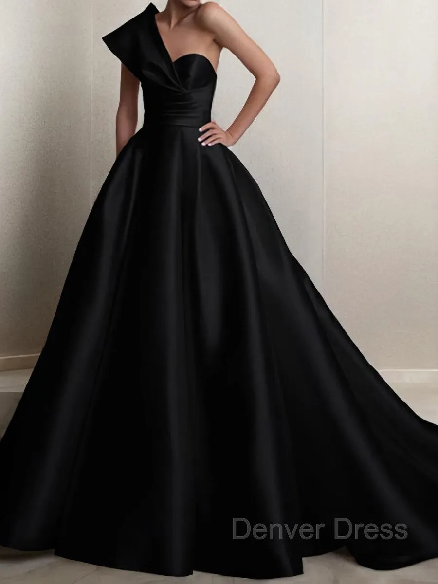 A-Line One-Shoulder Sweep Train Satin Prom Dresses With Ruffles