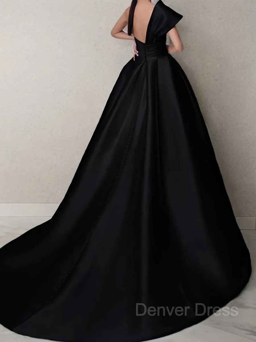 A-Line One-Shoulder Sweep Train Satin Prom Dresses With Ruffles