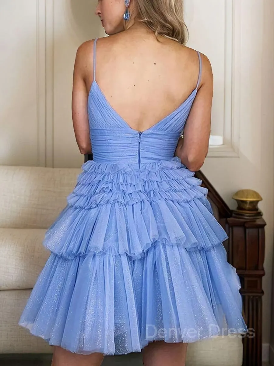 A-Line Spaghetti Straps Short Tulle Homecoming Dresses With Ruffles