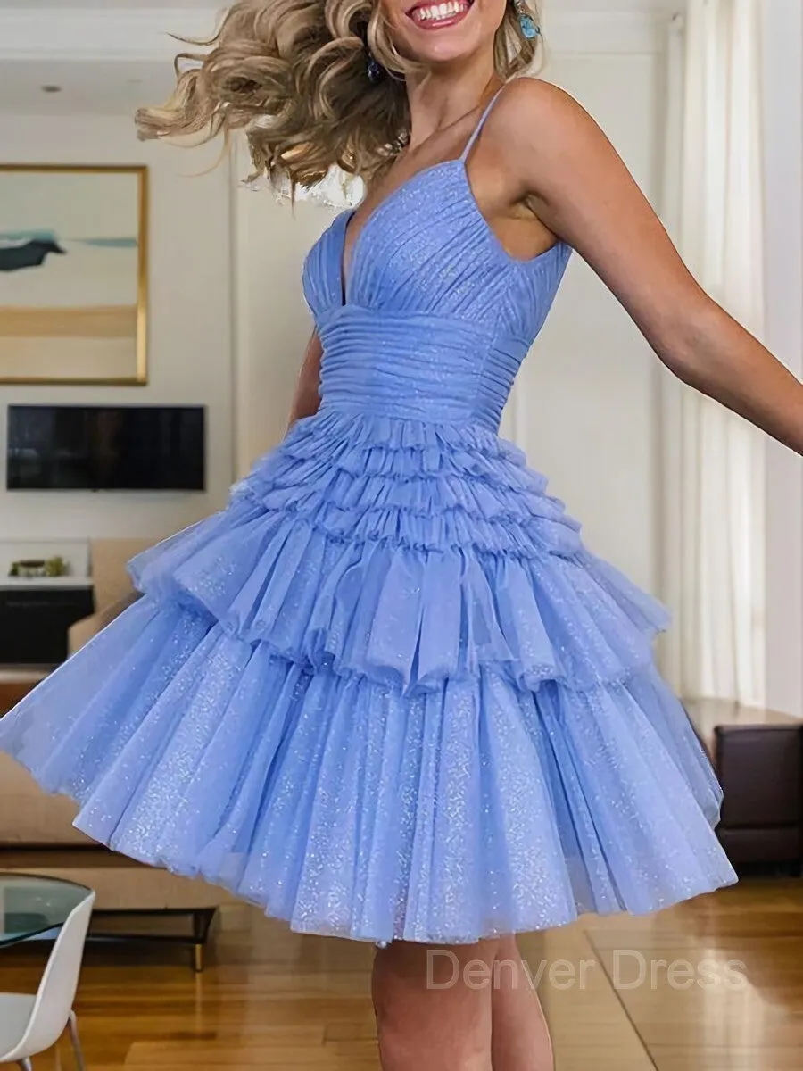 A-Line Spaghetti Straps Short Tulle Homecoming Dresses With Ruffles