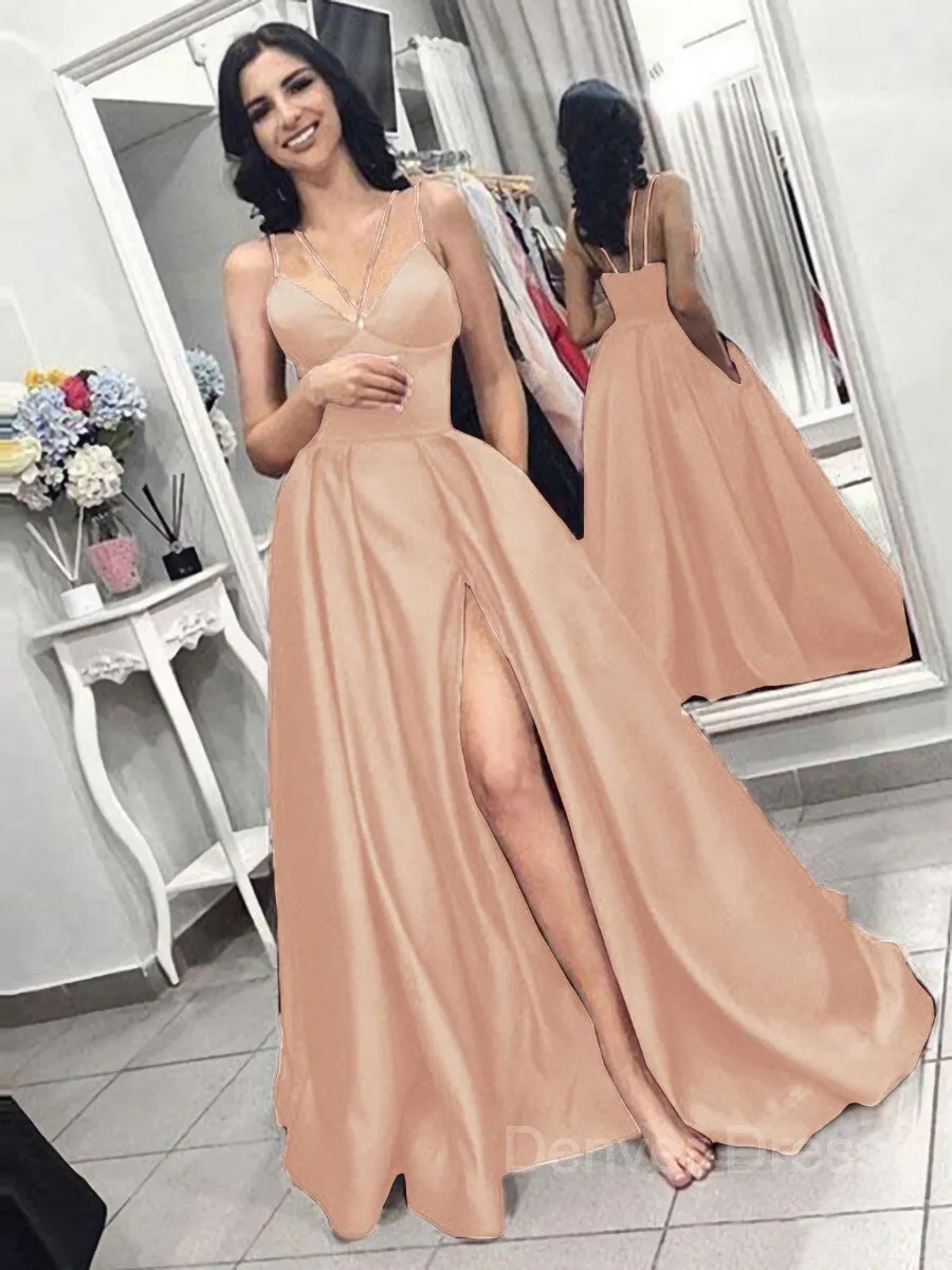 A-Line Spaghetti Straps Sweep Train Satin Evening Dresses With Pockets