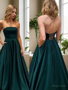 A-Line Strapless Sweep Train Satin Evening Dresses With Pockets