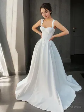 A-Line Straps Sweep Train Satin Wedding Dresses