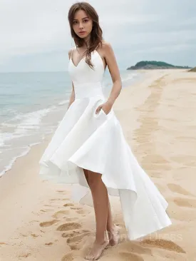 A-Line V-neck Asymmetrical Satin Wedding Dresses