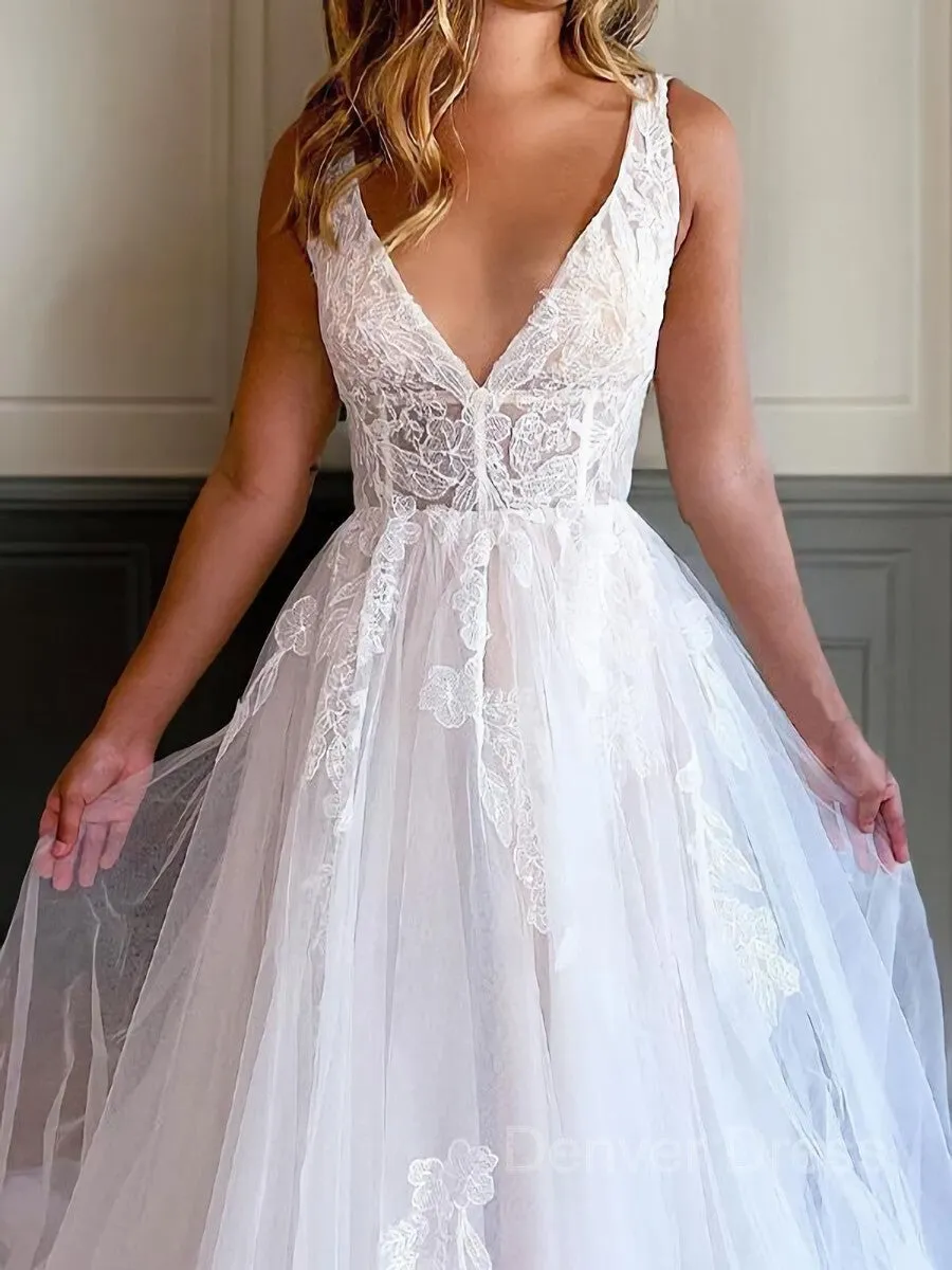 A-Line V-neck Chapel Train Tulle Wedding Dresses With Appliques Lace