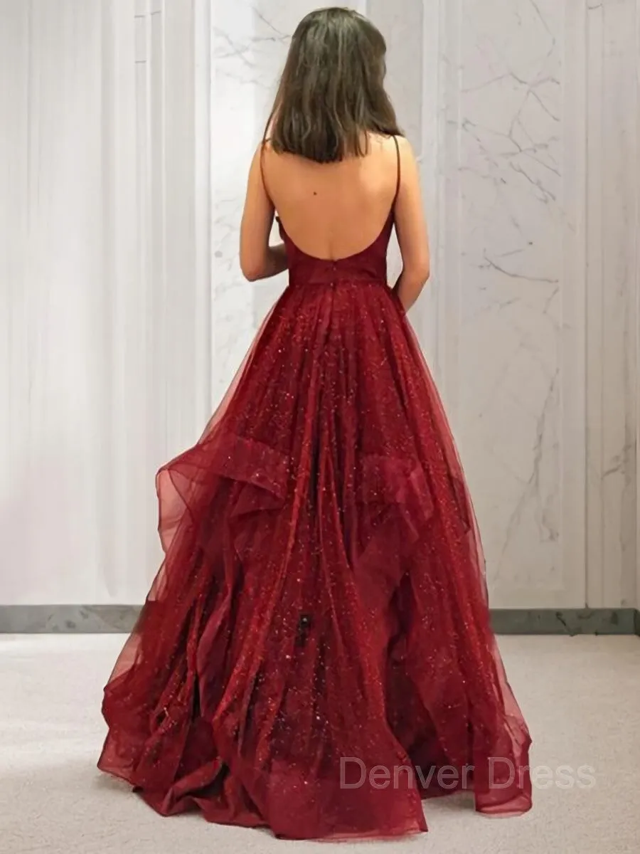 A-Line V-neck Floor-Length Net Prom Dresses