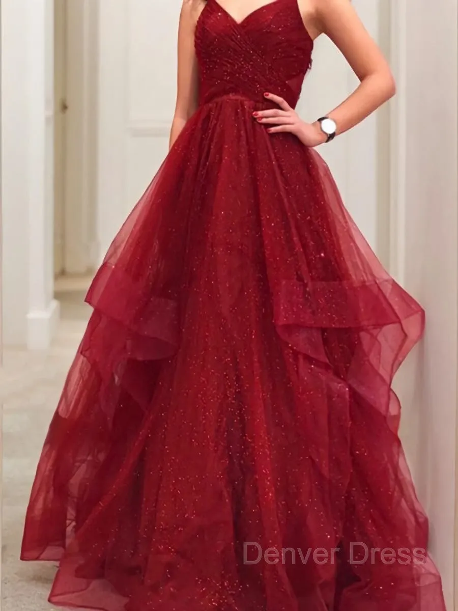 A-Line V-neck Floor-Length Net Prom Dresses