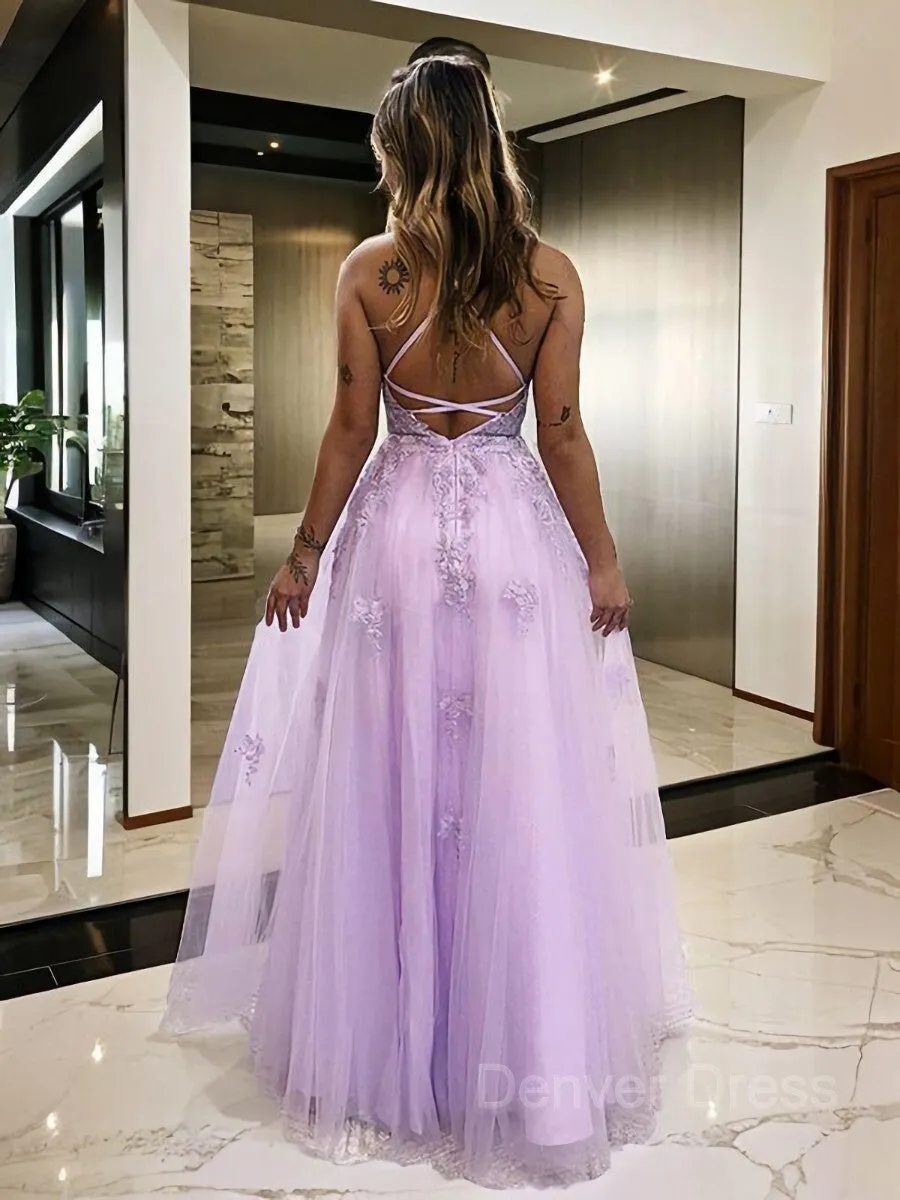 A-Line V-neck Floor-Length Tulle Prom Dresses With Leg Slit