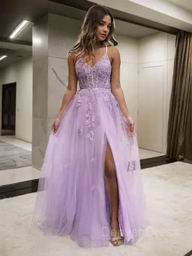 A-Line V-neck Floor-Length Tulle Prom Dresses With Leg Slit