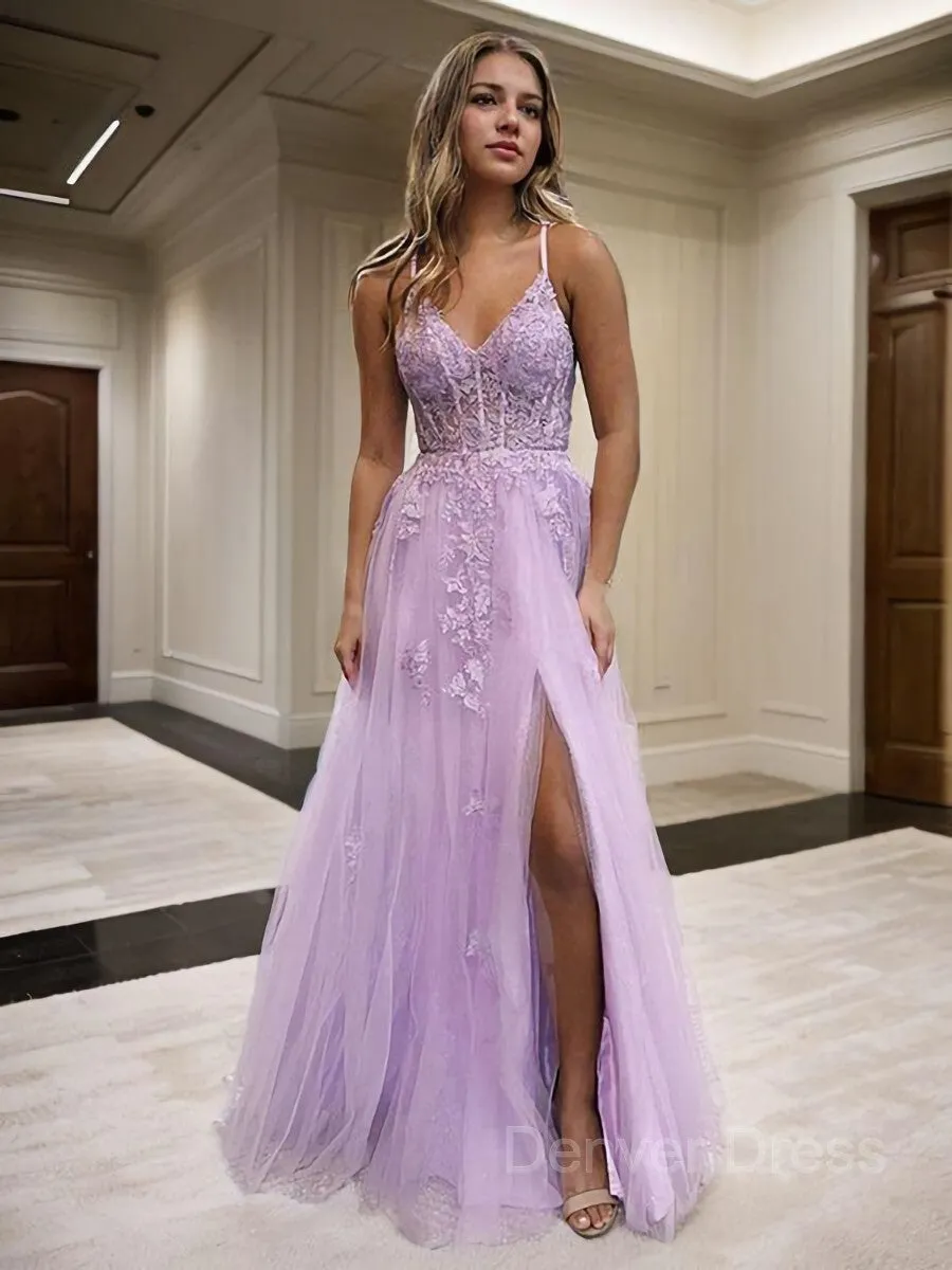 A-Line V-neck Floor-Length Tulle Prom Dresses With Leg Slit