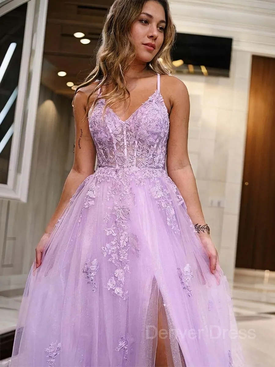 A-Line V-neck Floor-Length Tulle Prom Dresses With Leg Slit