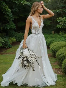 A-Line V-neck Sweep Train Lace Wedding Dresses With Sash