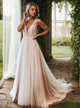 A-Line V-neck Sweep Train Lace Wedding Dresses