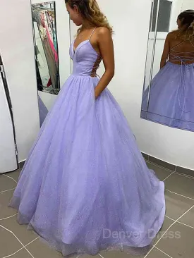 A-Line V-neck Sweep Train Prom Dresses With Pockets