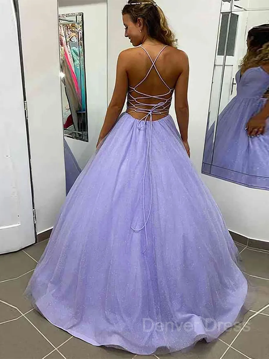 A-Line V-neck Sweep Train Prom Dresses With Pockets