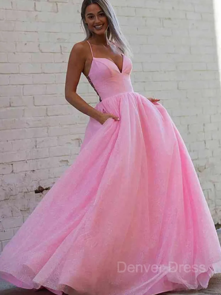 A-Line V-neck Sweep Train Prom Dresses With Pockets