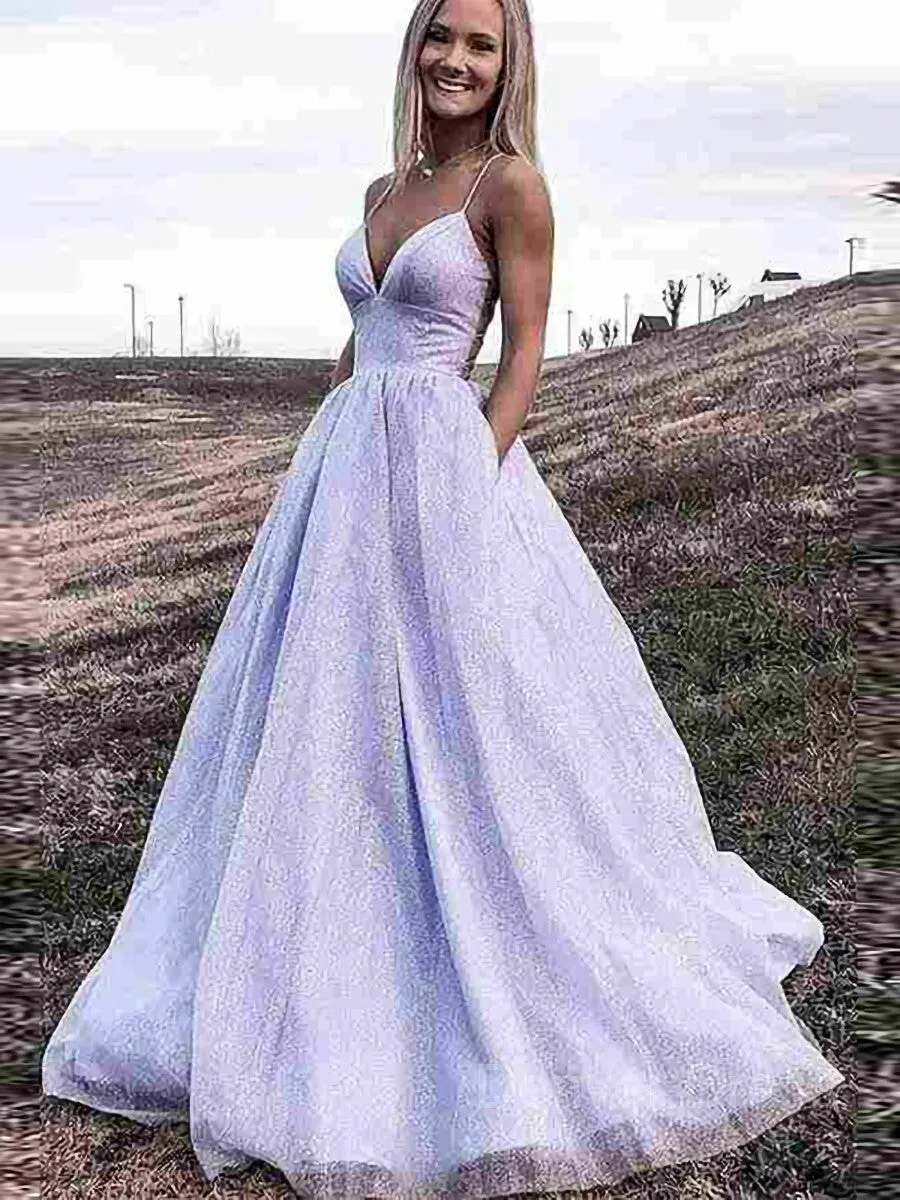 A-Line V-neck Sweep Train Prom Dresses With Pockets