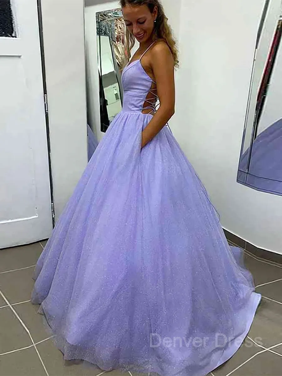 A-Line V-neck Sweep Train Prom Dresses With Pockets