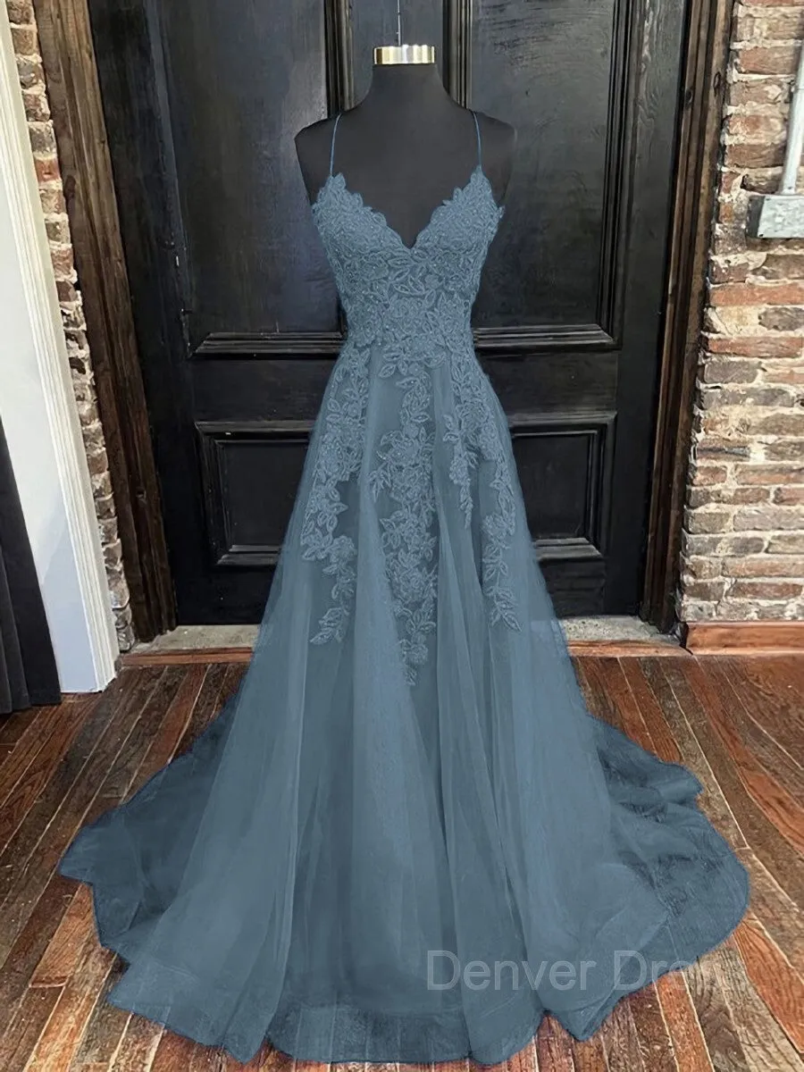 A-Line V-neck Sweep Train Tulle Evening Dresses With Appliques Lace