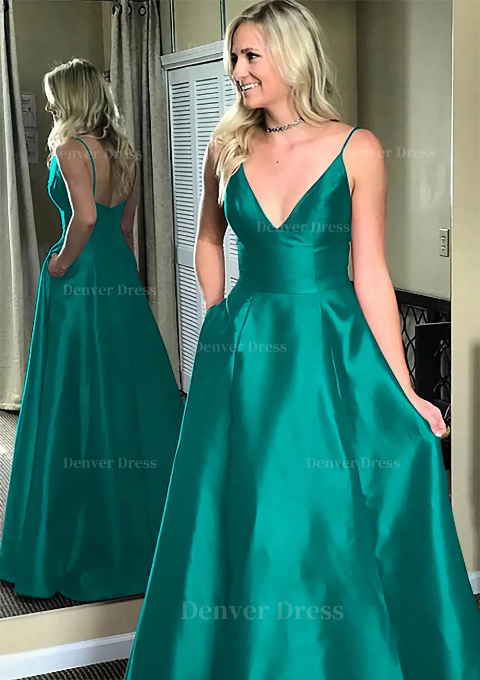 A-line/Princess V Neck Sleeveless Sweep Train Satin Prom Dresses