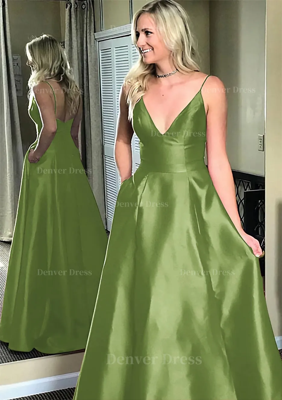 A-line/Princess V Neck Sleeveless Sweep Train Satin Prom Dresses