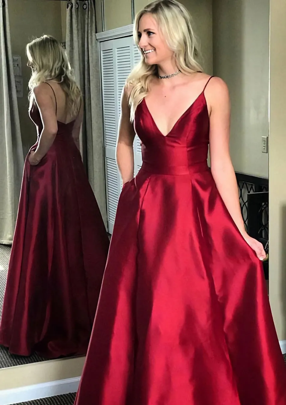 A-line/Princess V Neck Sleeveless Sweep Train Satin Prom Dresses