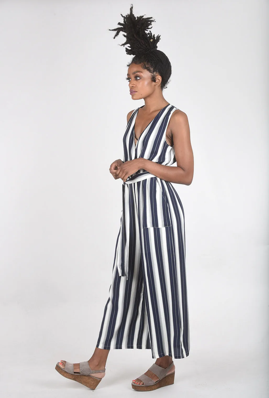 Belted Striped Jumpsuit, Navy