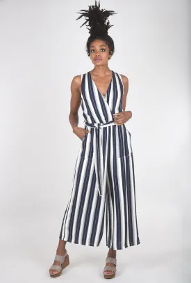 Belted Striped Jumpsuit, Navy