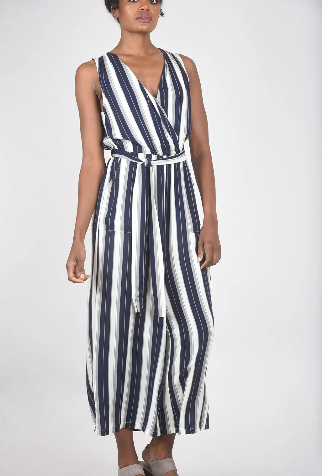 Belted Striped Jumpsuit, Navy