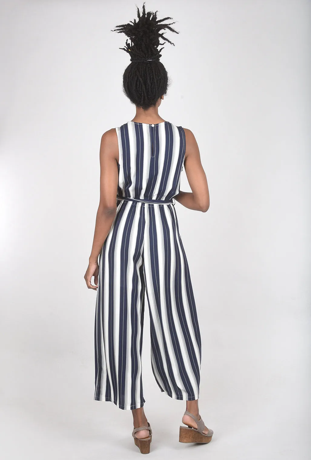 Belted Striped Jumpsuit, Navy