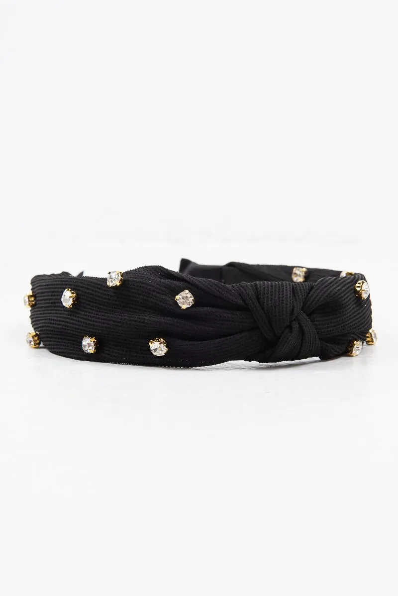 Black Corduroy Knot Detail Embellished Hairband - Teigen