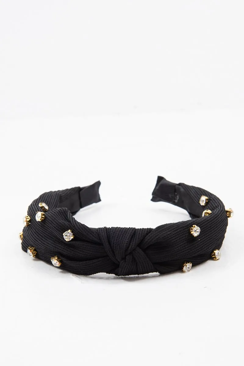 Black Corduroy Knot Detail Embellished Hairband - Teigen