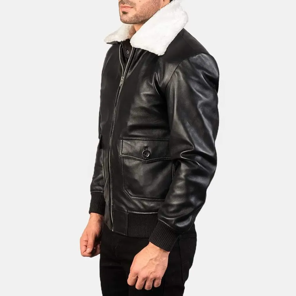 Black Genuine Leather Jacket with Faux Fur Collar