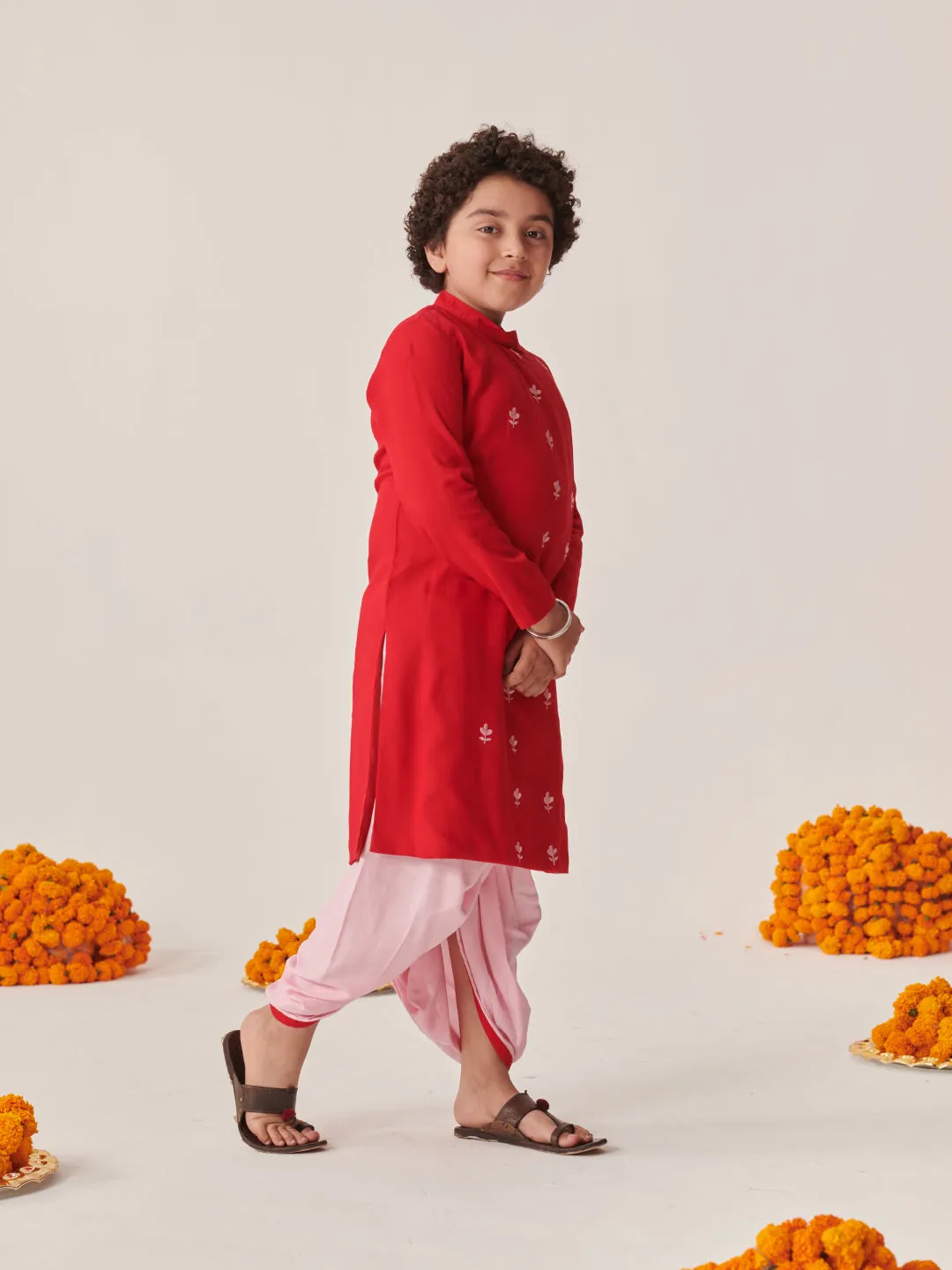 Boys Floral Embroidered Regular Kurta With Dhoti Pants