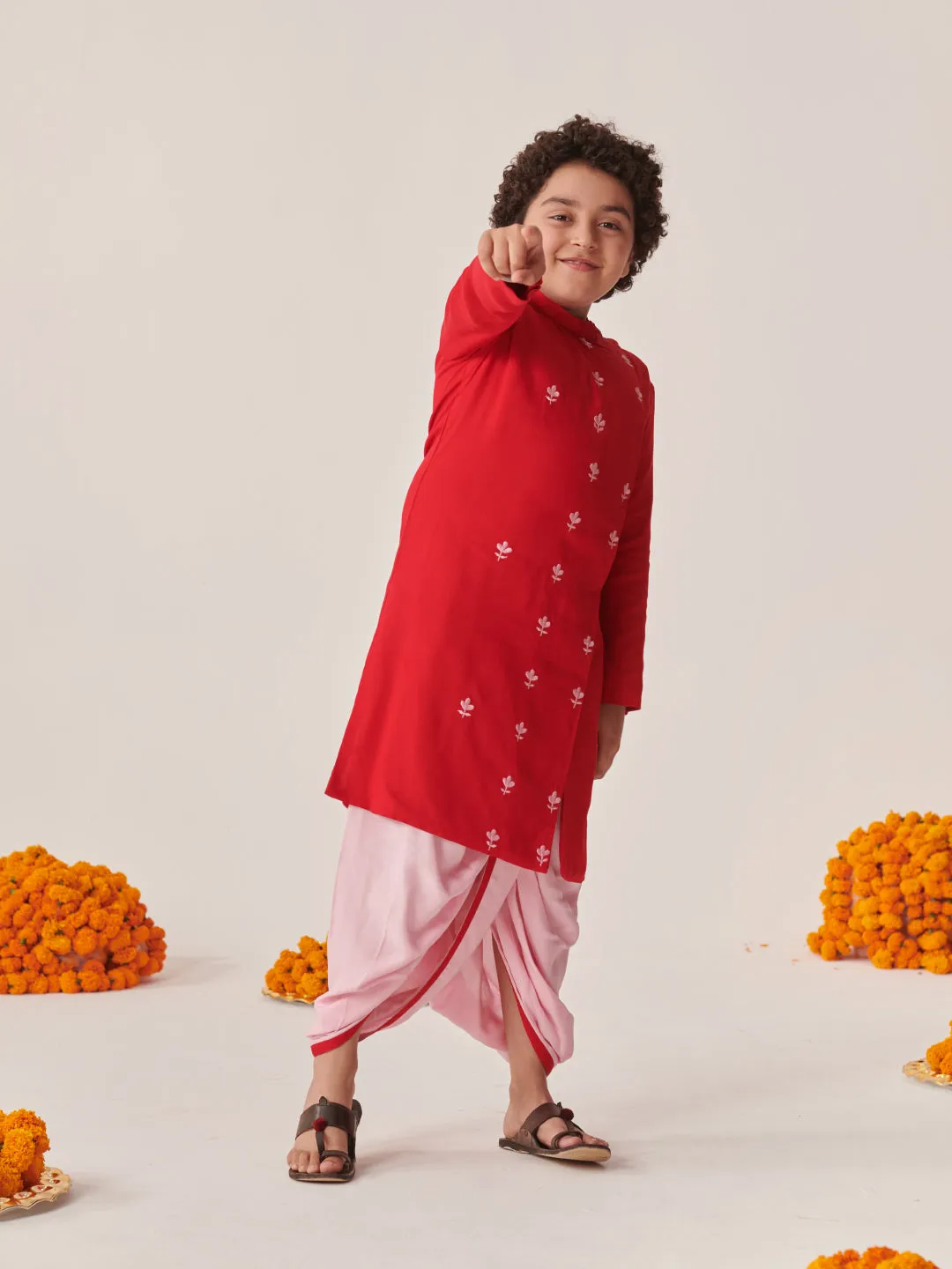 Boys Floral Embroidered Regular Kurta With Dhoti Pants