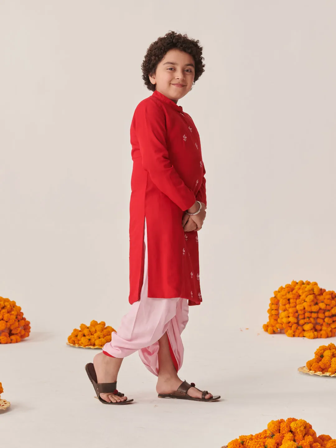 Boys Floral Embroidered Regular Kurta With Dhoti Pants