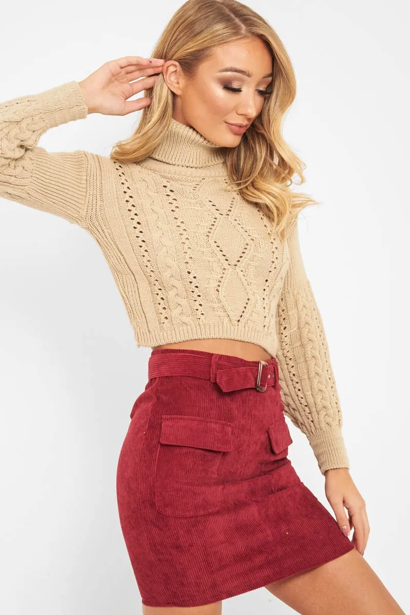 Burgundy Corduroy Belted Skirt - Alaysia