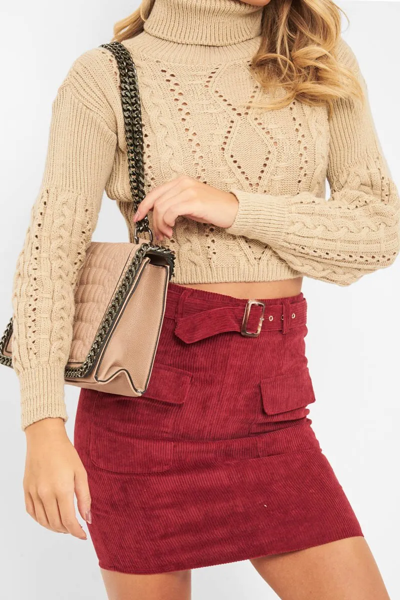 Burgundy Corduroy Belted Skirt - Alaysia