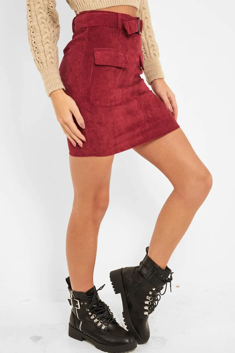 Burgundy Corduroy Belted Skirt - Alaysia