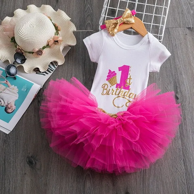 deanwangkt My Little Baby Girl First 1st Birthday Party Dress Cute Pink Tutu Cake Outfits Infant Dresses Baby Girls Baptism Clothes 0-12M